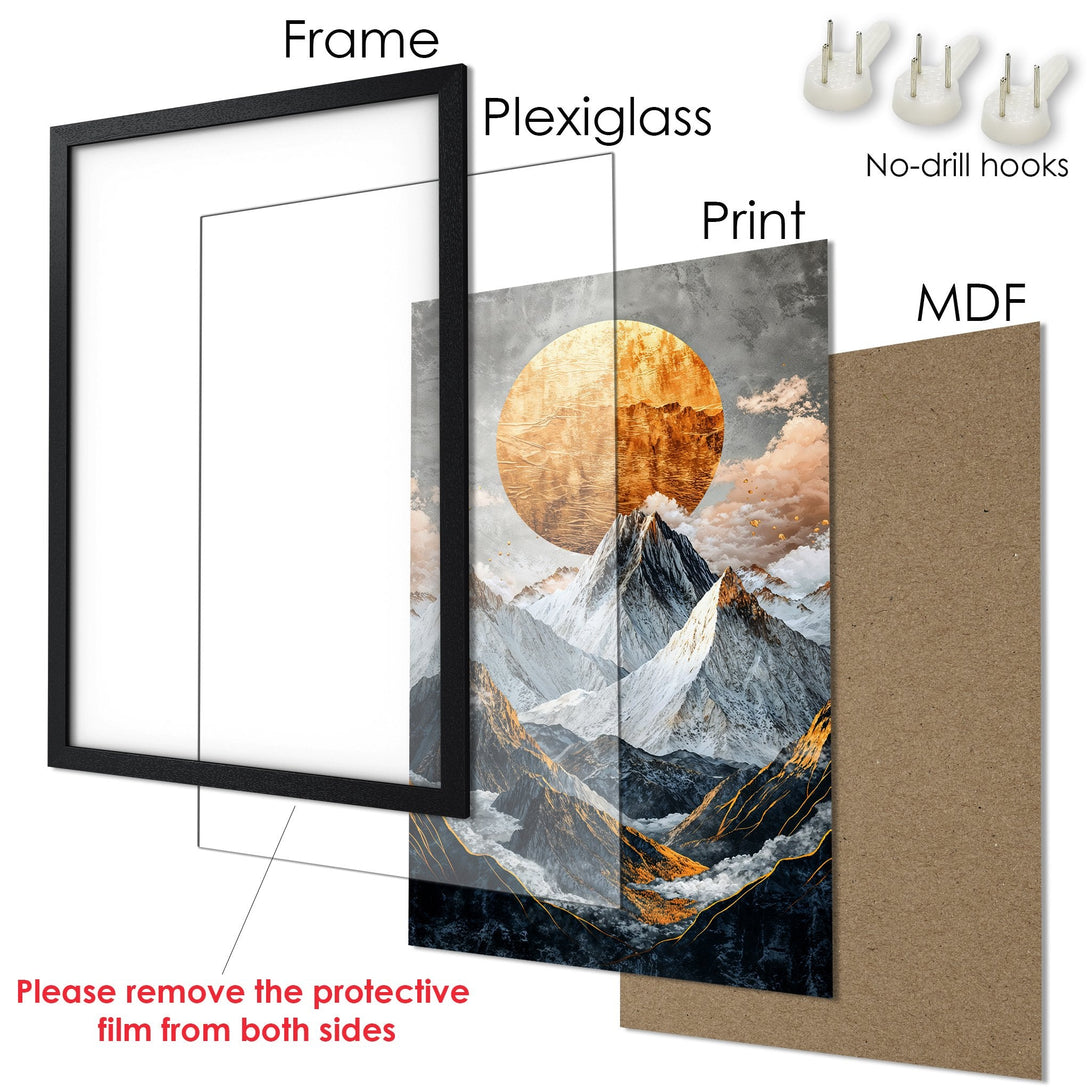 Framed Poster: Mountain landscape art print with gold and gray tones. Modern wall decor for your home.