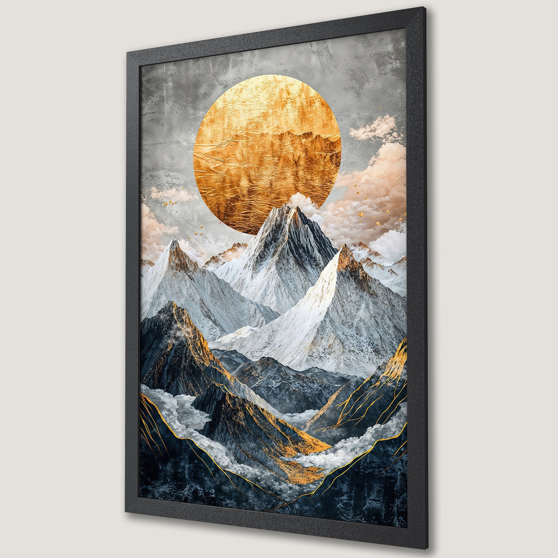 Framed Poster featuring a mountain landscape with a gold sun, in a modern style with a muted color palette.