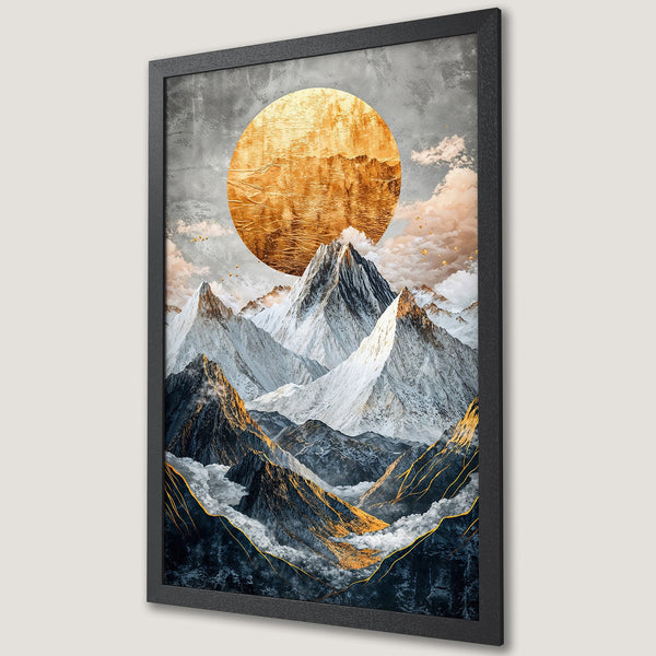 Framed Poster featuring a mountain landscape with a gold sun, in a modern style with a muted color palette.