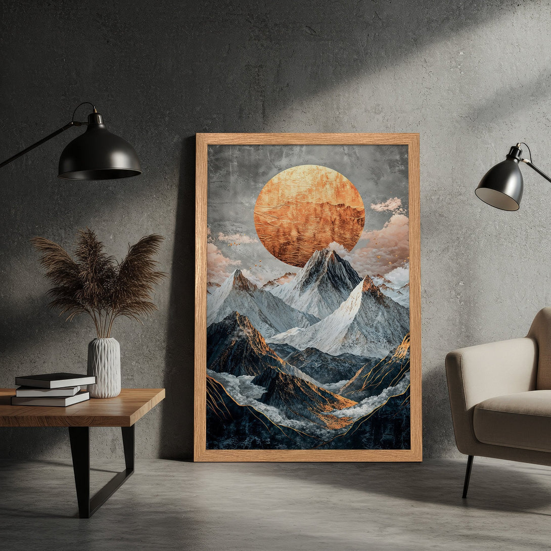 Framed Poster featuring a stunning mountain landscape with a warm, golden sun. Modern art style with a muted color palette. Perfect wall decor.