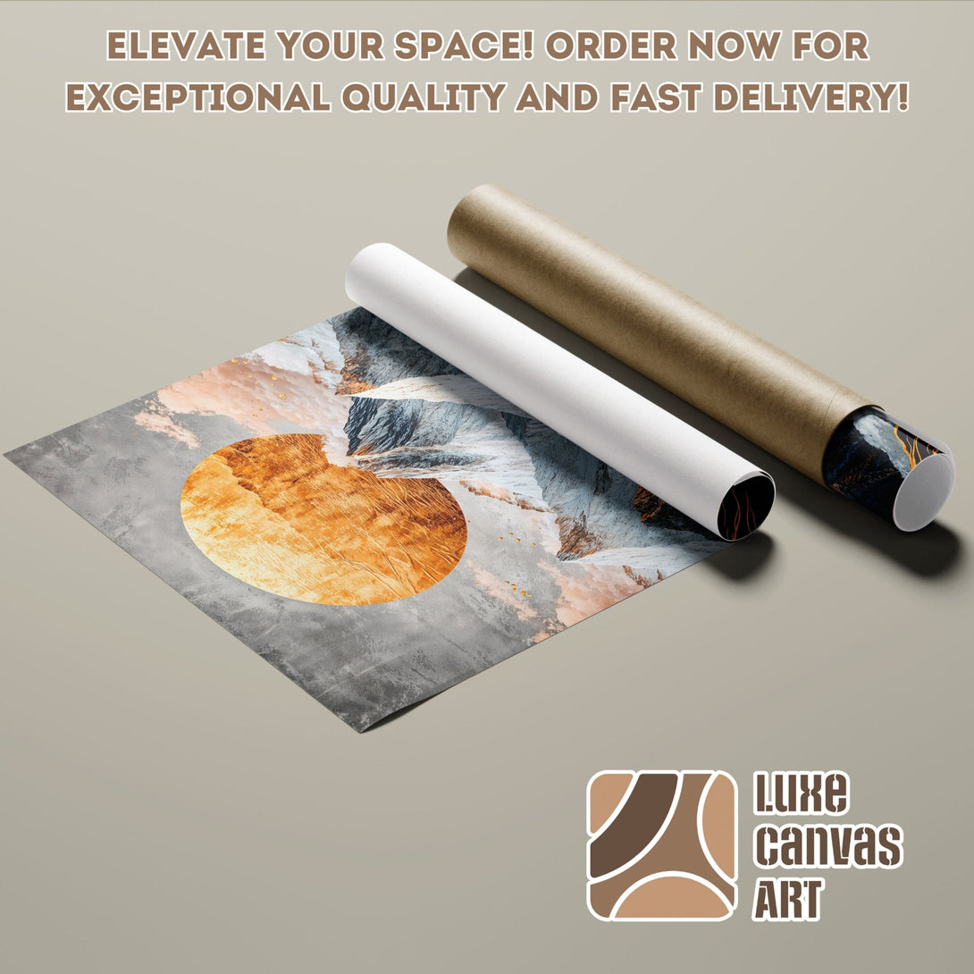 Abstract landscape Poster Roll art, featuring warm orange, gray, and neutral color palette. Elevate your space!