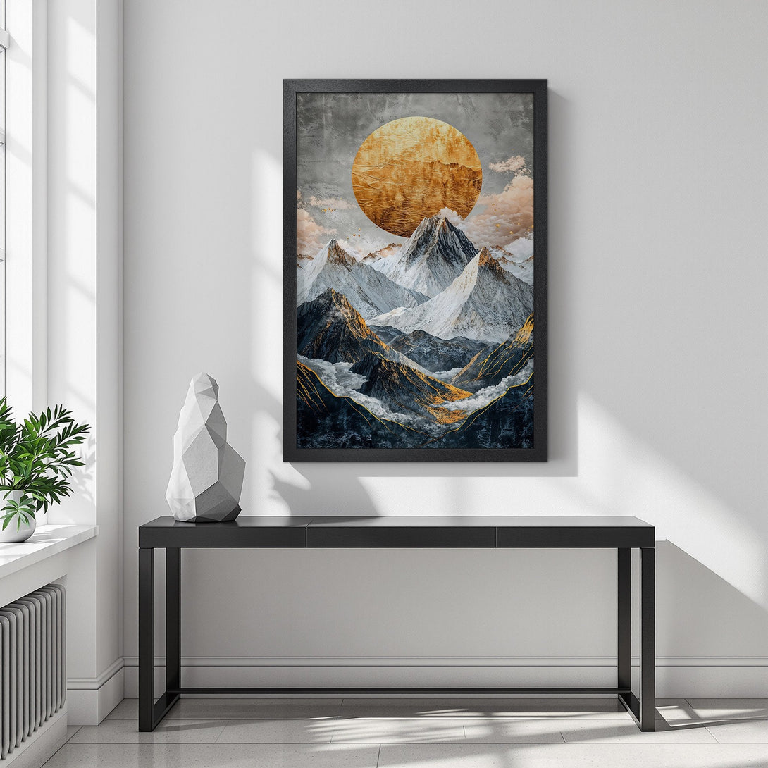 Framed Poster featuring a stunning mountain landscape with a golden sun. Modern art style, neutral color palette with gold accents. Perfect wall decor!