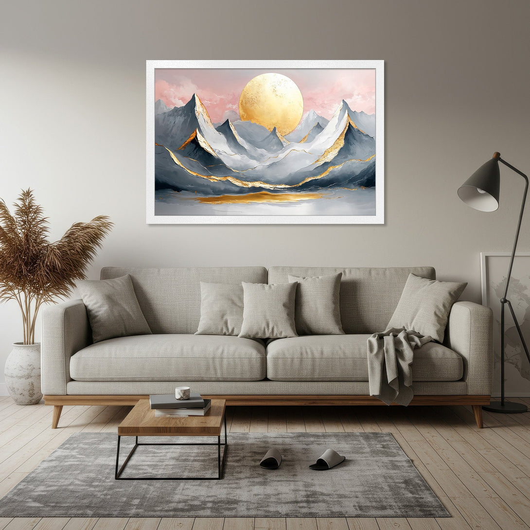 Framed Poster of abstract mountain landscape art in gray, gold, and pink tones. Modern wall decor.