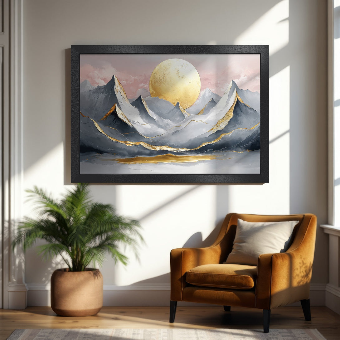 Framed Poster featuring abstract mountains with gold accents. Modern art in gray, gold, and pink color palette. Perfect wall decor.