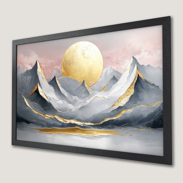 Framed Poster of abstract mountain landscape with gold accents. Modern art in gray, gold, and pink color palette.