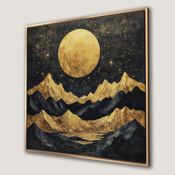 Framed Wall Art: Moonlit mountain landscape in gold and navy. Stunning abstract art canvas print for your home decor.
