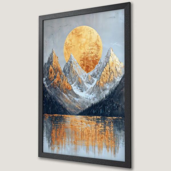 Framed Poster of a mountain landscape with a gold sun, in a modern style, featuring a gold, blue, and grey color palette.