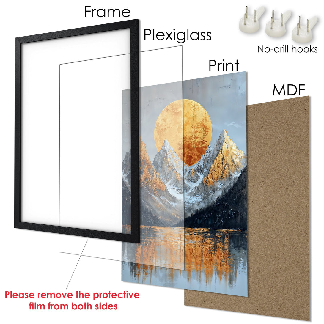 Framed Poster of a mountain landscape with a warm color palette. Stunning art print ready to hang!