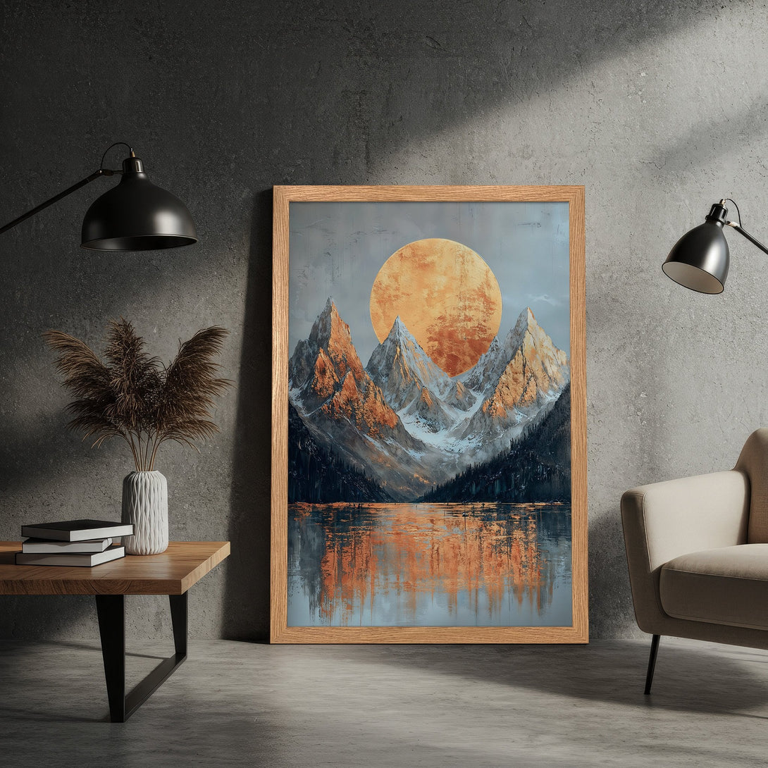 Framed Poster of mountain landscape art in warm orange and blue tones, perfect for home decor.