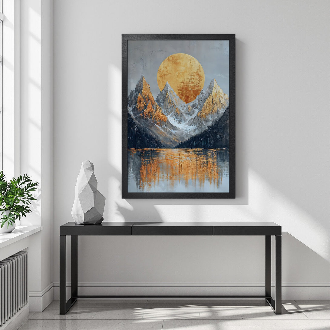 Framed Poster of a mountain landscape in a warm, golden and gray color palette. Perfect wall art for any room.