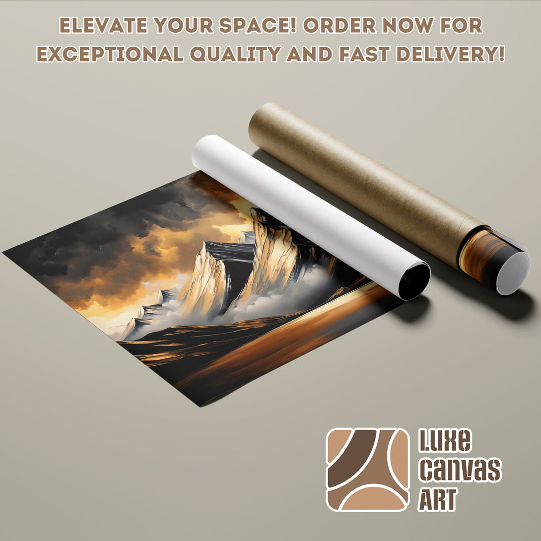 Poster Roll of a dramatic landscape art print in warm, earthy tones. Elevate your space!