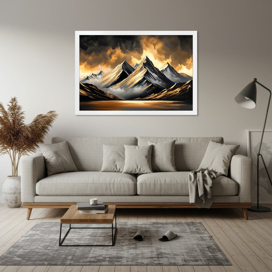 Framed Poster of majestic mountains in a dramatic, golden-hued style. Perfect art for your home. Shop this beautiful Poster today!
