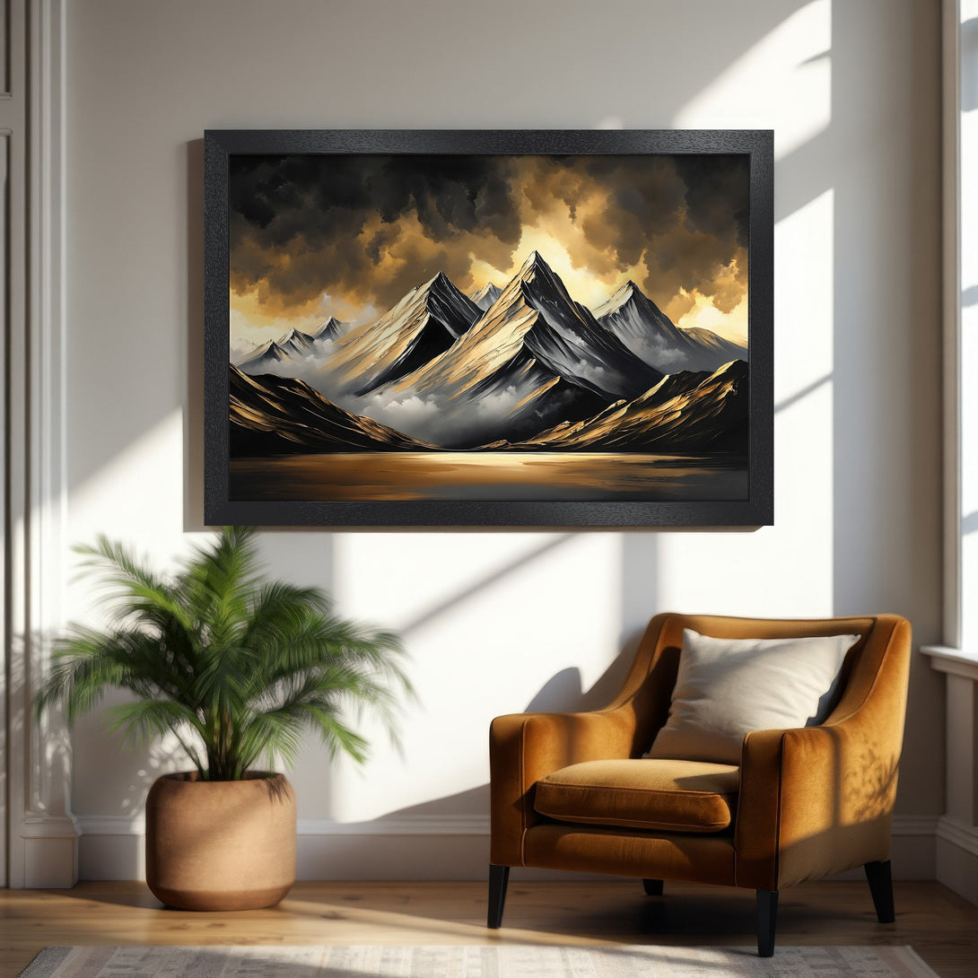 Framed Poster of mountain landscape in gold and black tones. Perfect wall art for any home.
