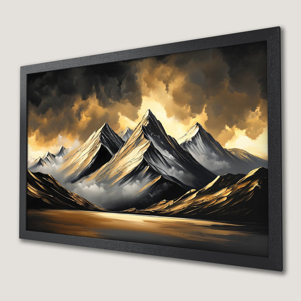 Framed Poster of majestic mountains in a dramatic, painterly style with a gold and black color palette. Perfect wall art!