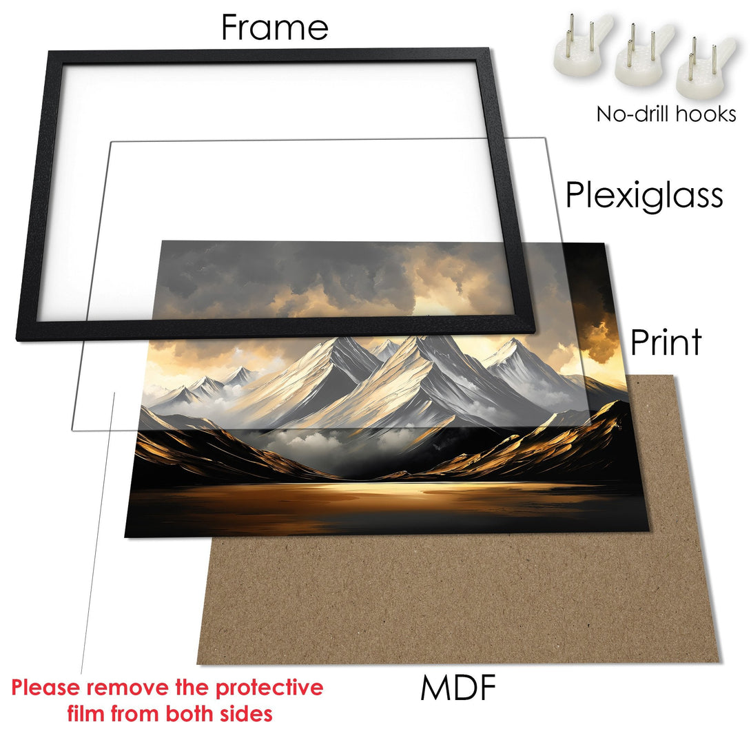 Framed Poster featuring a mountain landscape in a gold and grayscale palette. Perfect wall art to elevate your space!
