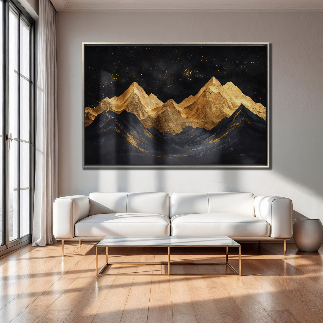 Framed Wall Art: Abstract mountain landscape in gold and black. Modern art print adds elegance to any interior. Shop now!