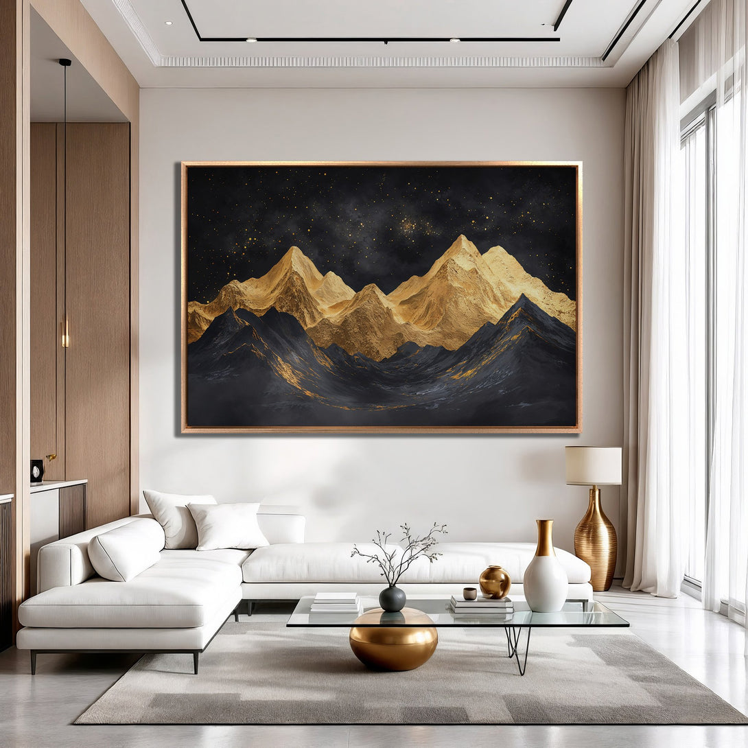 Framed Wall Art: Stunning gold and black mountain landscape Canvas Print. Modern, abstract style with a luxurious, elegant color palette. Perfect for home decor.
