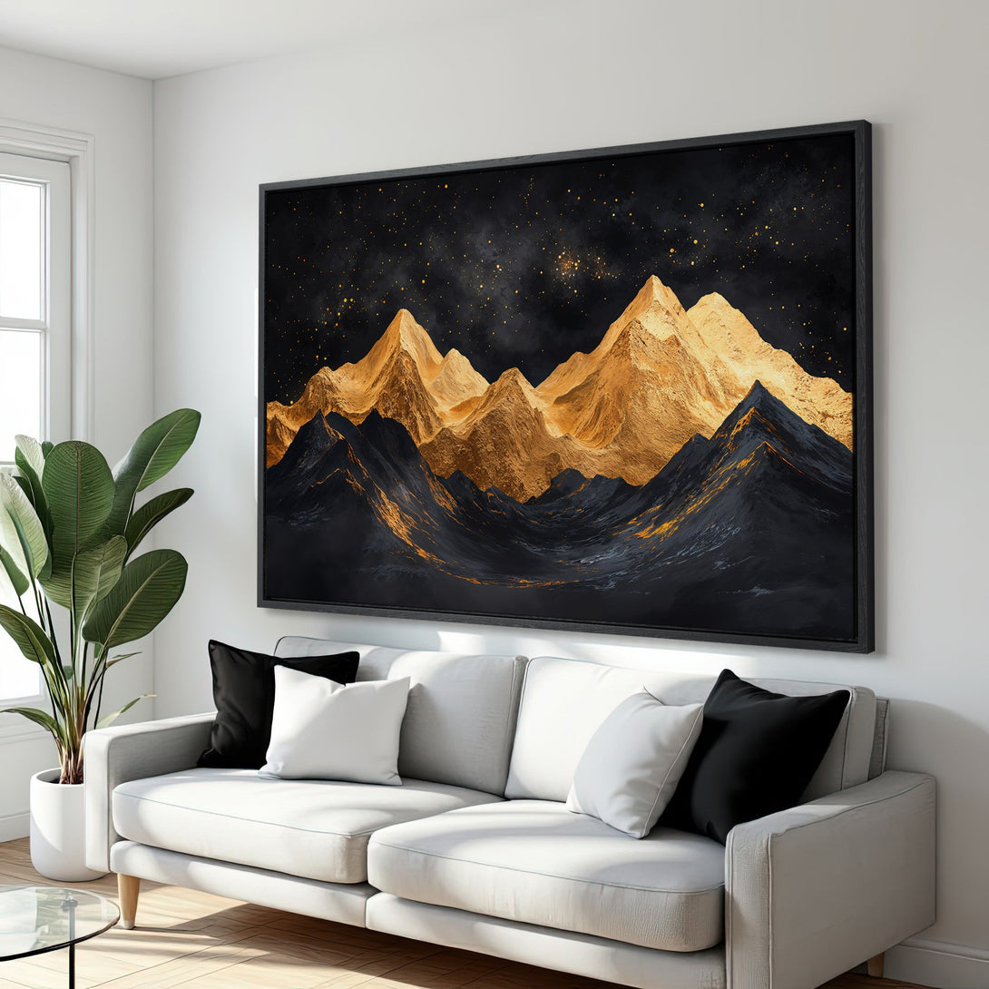 Framed Wall Art: Abstract gold mountain landscape canvas print. Stunning black & gold color palette, perfect for modern home decor. Elevate your space!