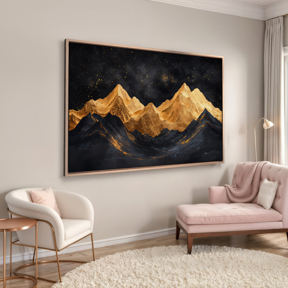 Framed Wall Art: Abstract gold mountain landscape canvas print. Modern art with black, gold, and neutral color palette. Perfect for living room decor.