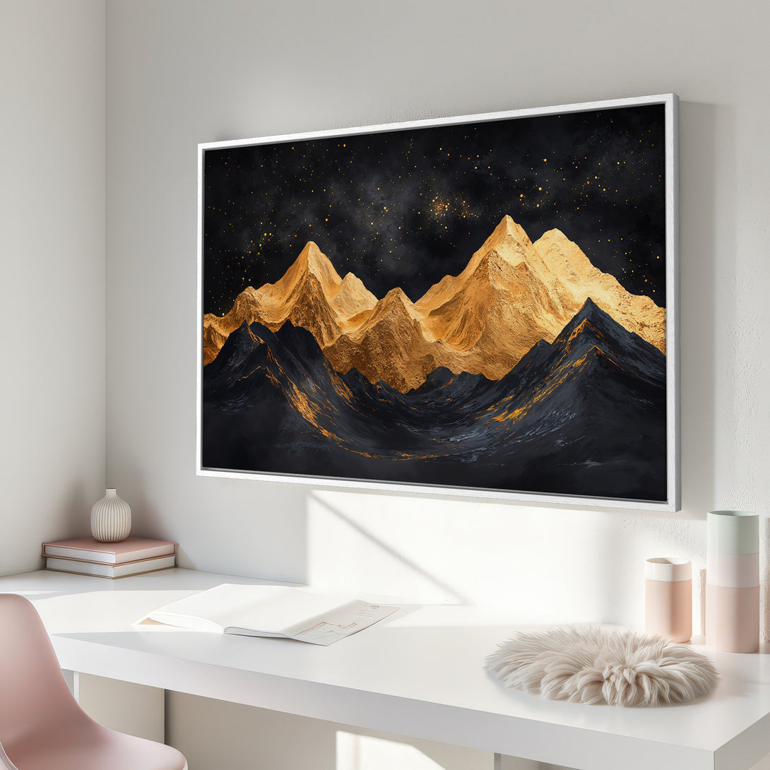 Framed Wall Art featuring abstract mountain landscape in gold and black. Modern art print for home decor.