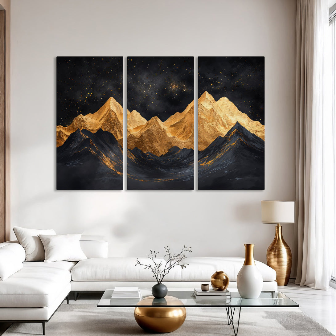 Canvas Print of gold mountain landscape with black night sky, modern art. Stunning wall decor with a luxe, contemporary feel.