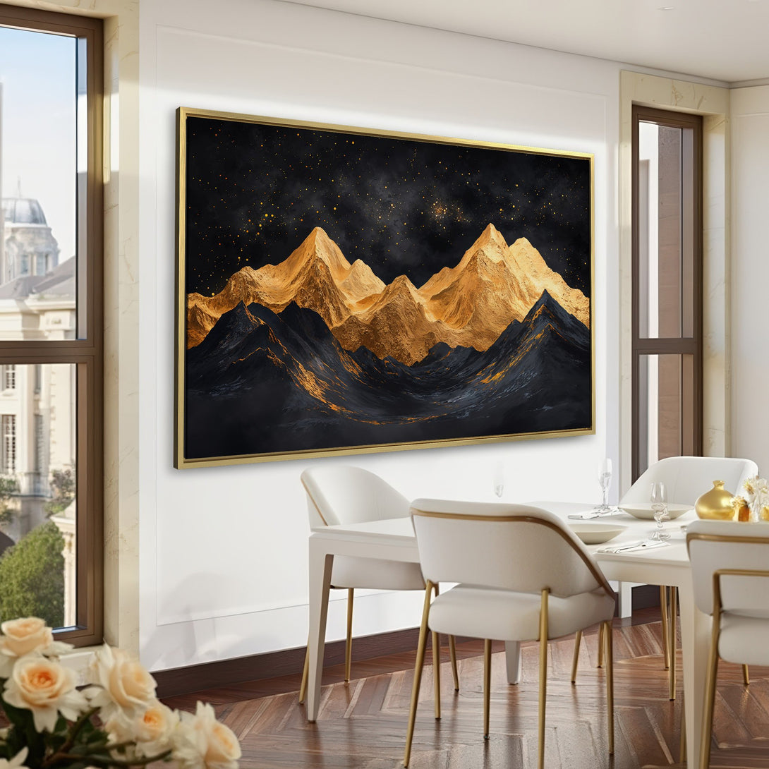 Canvas Print of gold mountain landscape art, dark and moody style, perfect for adding a touch of luxury to your home decor.