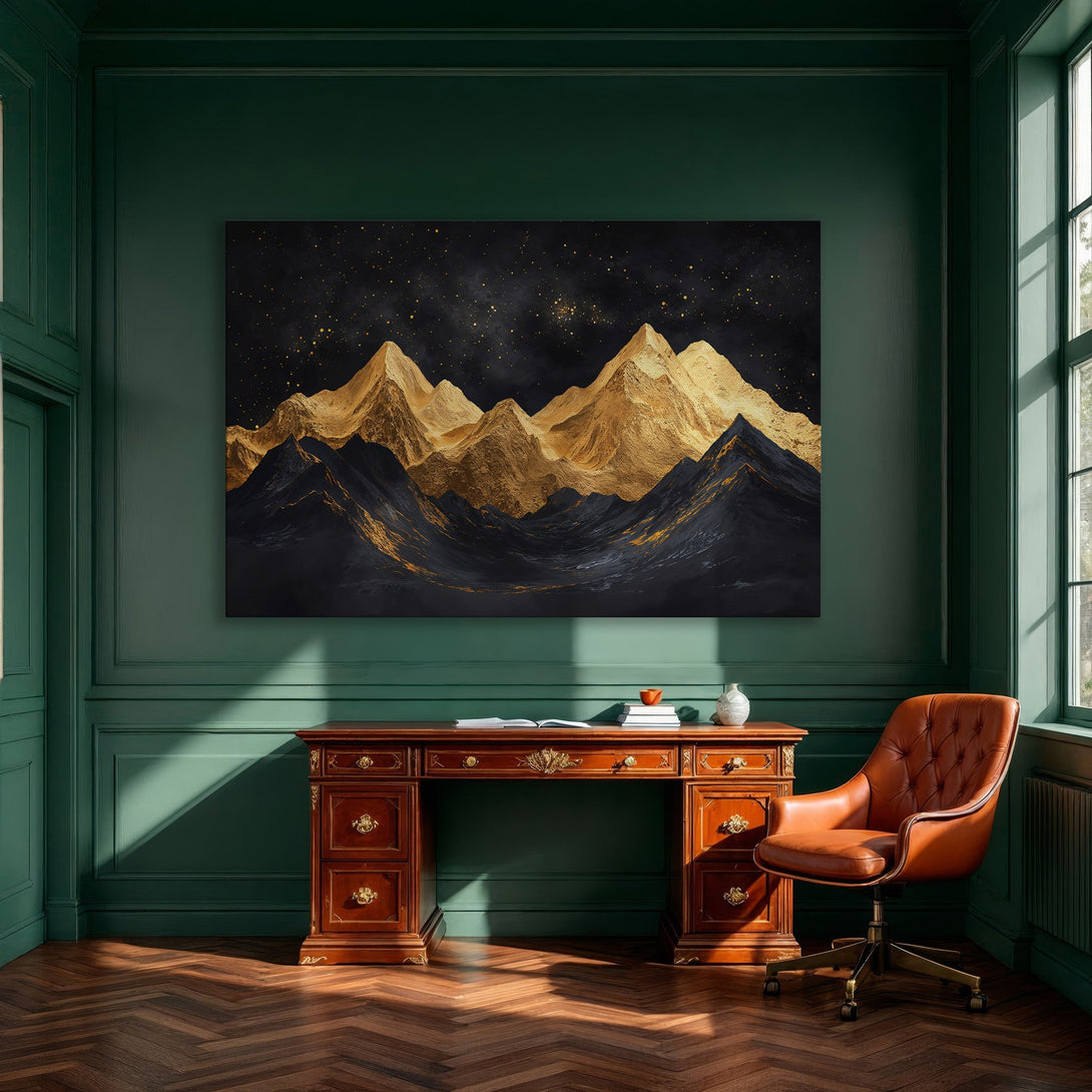 Framed Wall Art: Abstract gold mountain landscape on black background. Modern art decor in a dining room. Luxurious, contemporary canvas print.