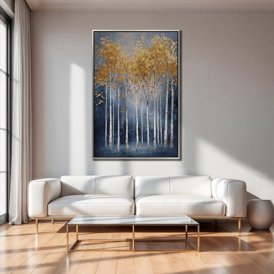 Framed Wall Art: Abstract gold leaf trees on a blue and white canvas print. Modern art for living room decor.