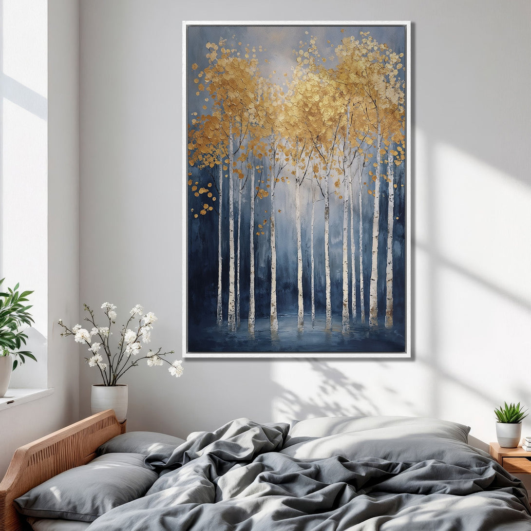 Framed Wall Art of gold leaf trees in a serene blue & grey palette. Modern abstract art perfect for bedroom decor. Shop our Canvas Print collection!