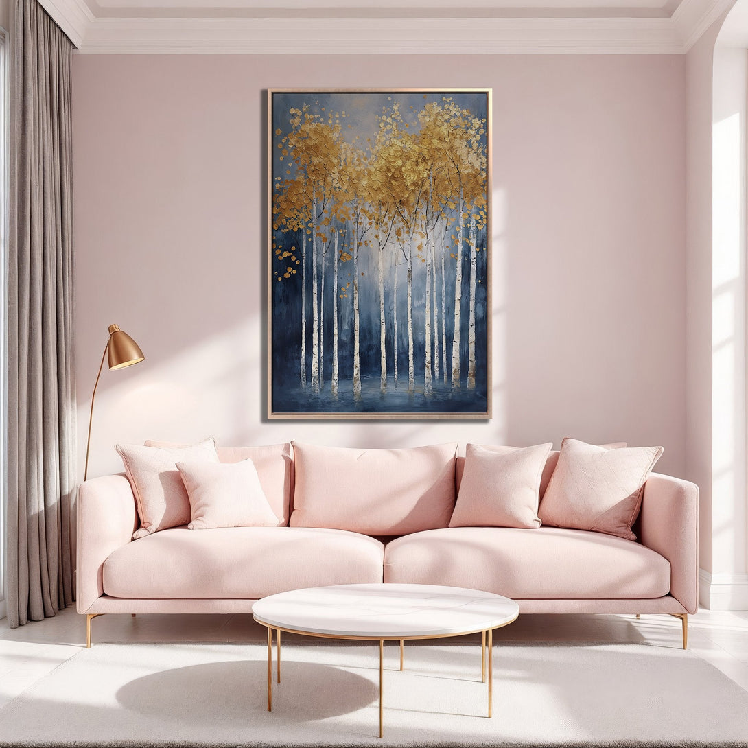 Framed Wall Art: Abstract gold leaf tree art in a modern interior. Featuring a blue and gold color palette, perfect for adding elegance to your space.