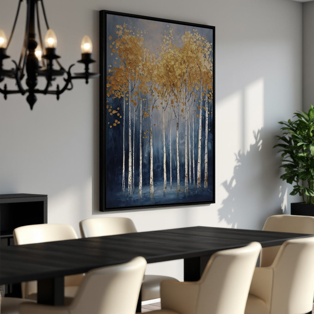 Framed Wall Art: Abstract birch tree painting in gold and blue hues. Modern art canvas print for dining room decor.