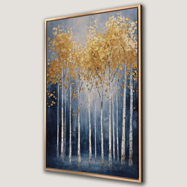 Framed Wall Art featuring a stunning gold and blue birch tree forest painting. Modern art with a serene, nature-inspired aesthetic. Perfect wall decor.