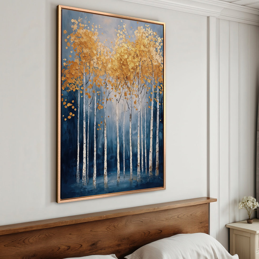 Framed Wall Art: Abstract forest painting in blue and gold. Modern canvas print adds a touch of elegance to any interior decor. Shop now!