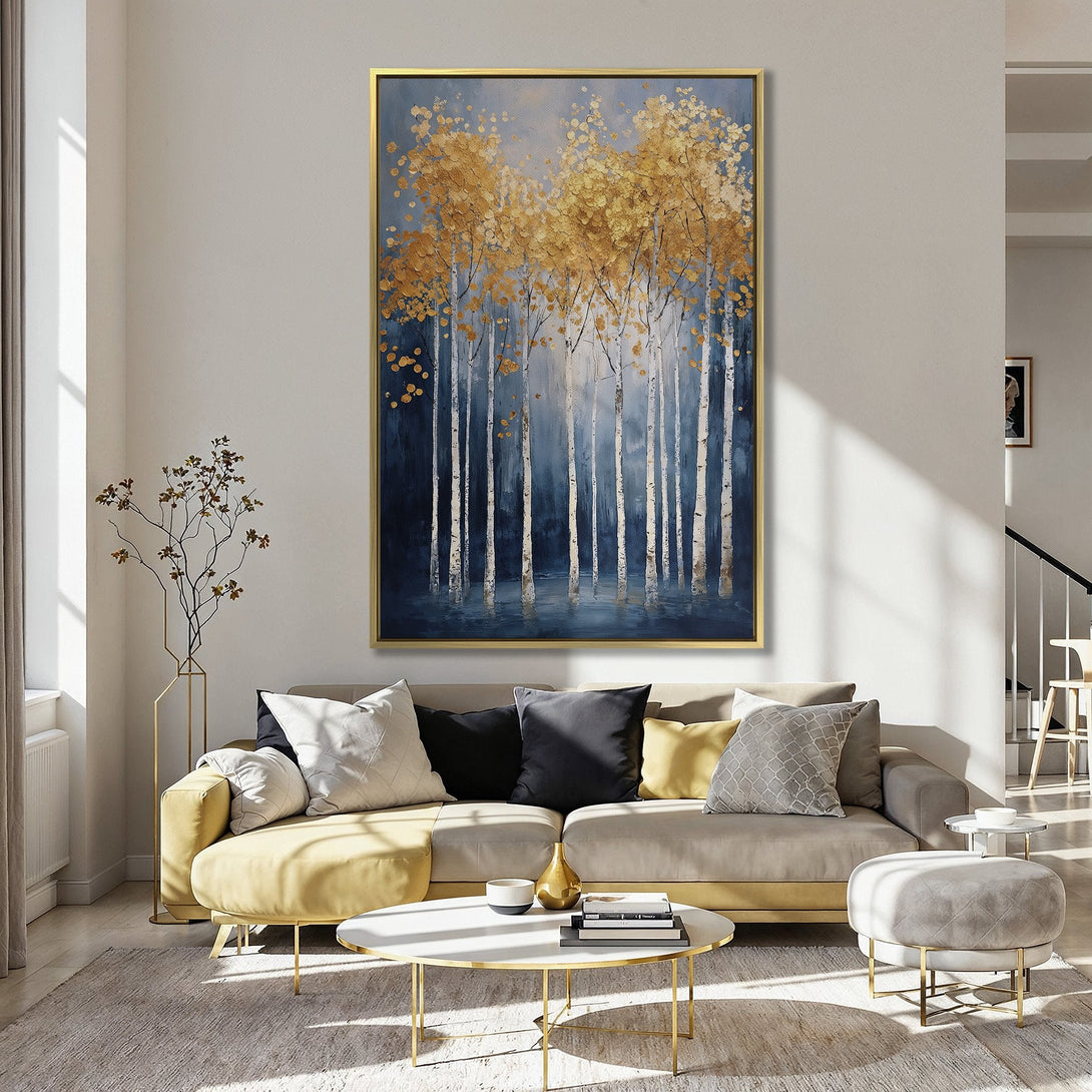 Canvas Print featuring an abstract forest scene with gold and blue tones, perfect for adding elegance to your home decor.