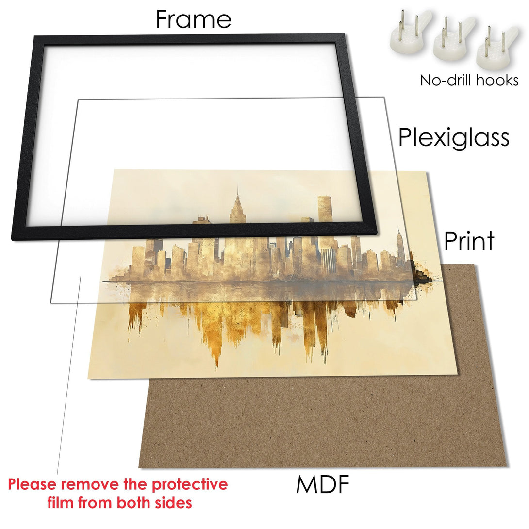 Framed Poster of a city skyline in a watercolor style with a gold and beige color palette. Perfect wall art!
