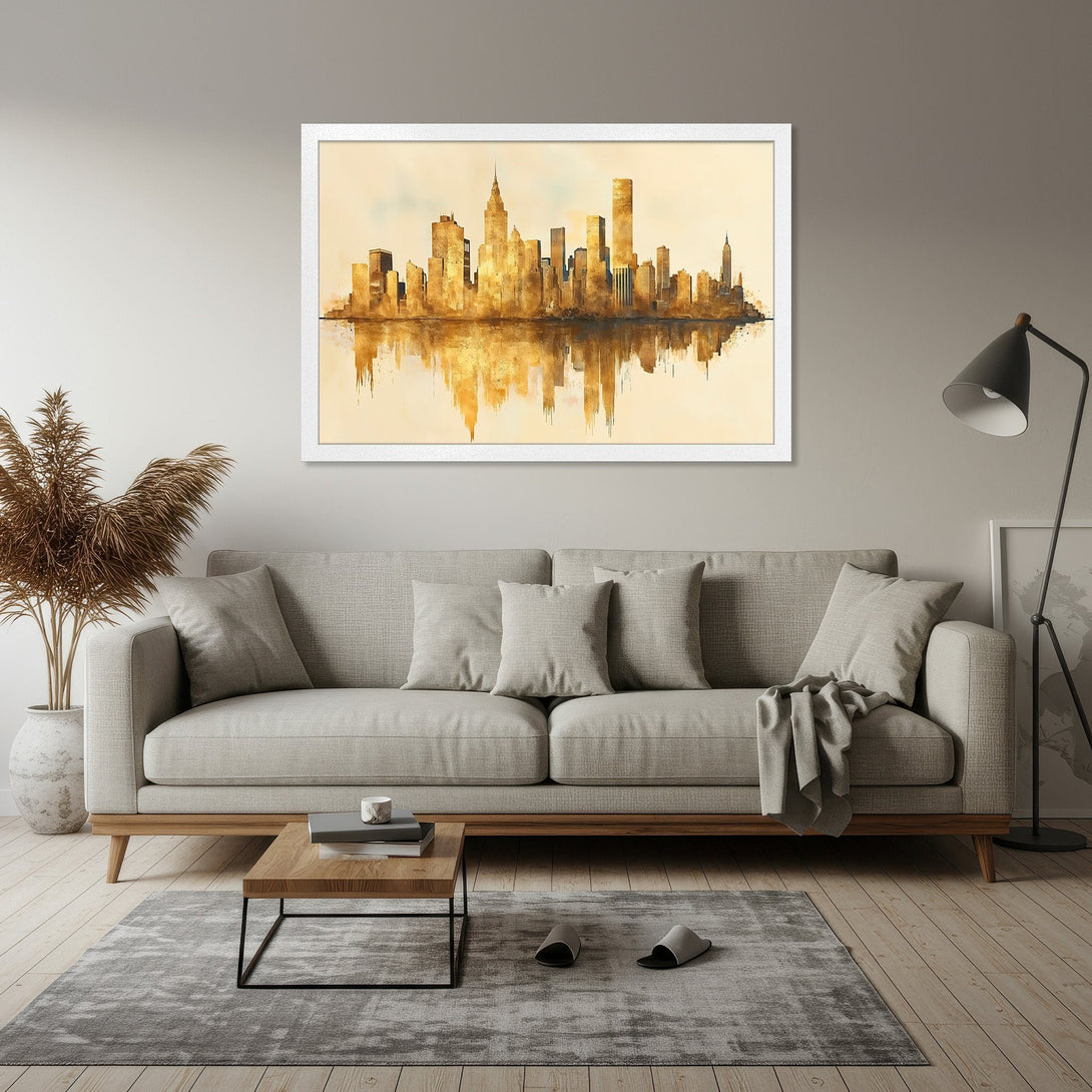 Framed Poster of NYC skyline in watercolor style, gold and beige color palette, perfect for modern home decor.