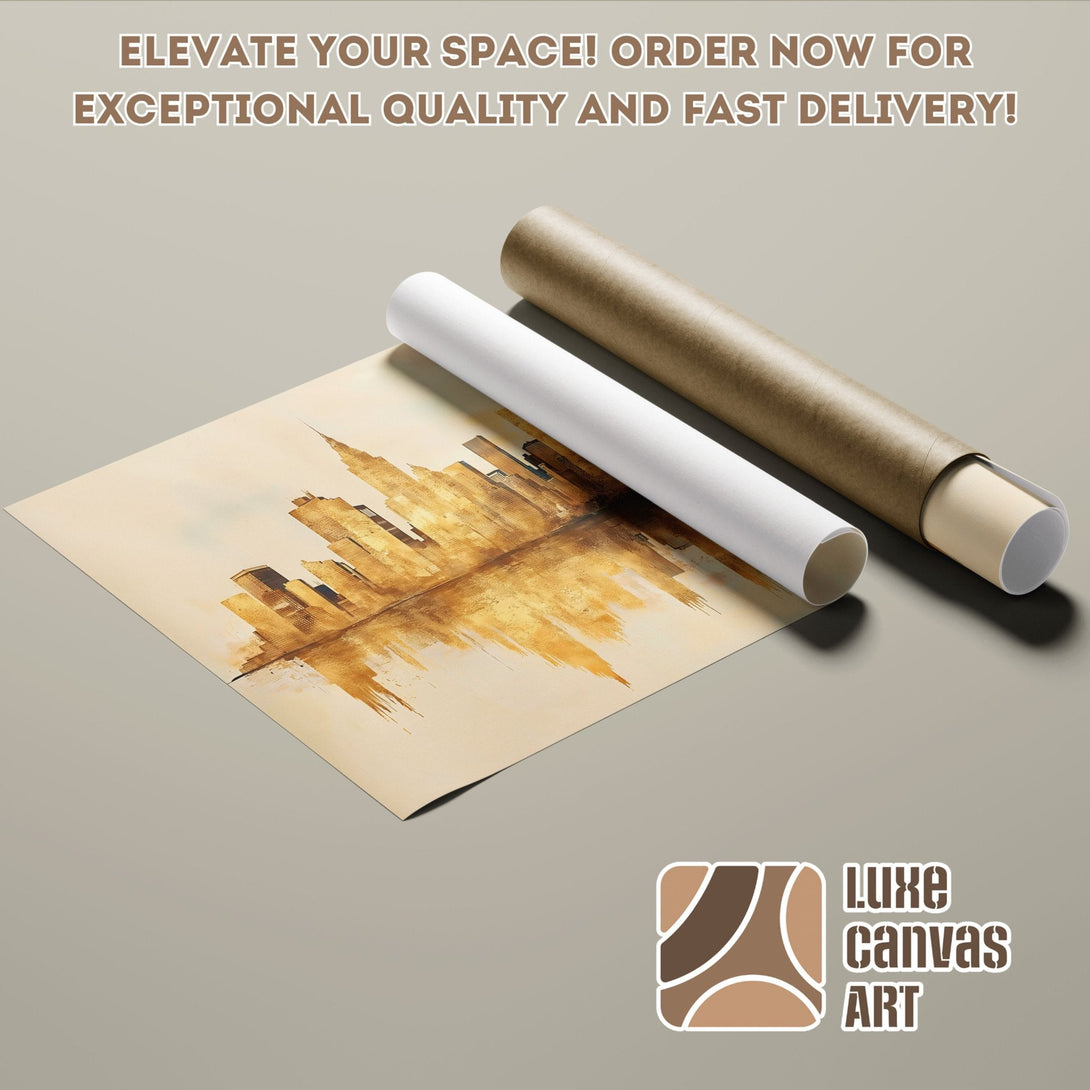 Poster Roll featuring a cityscape in warm gold tones, perfect for modern decor.