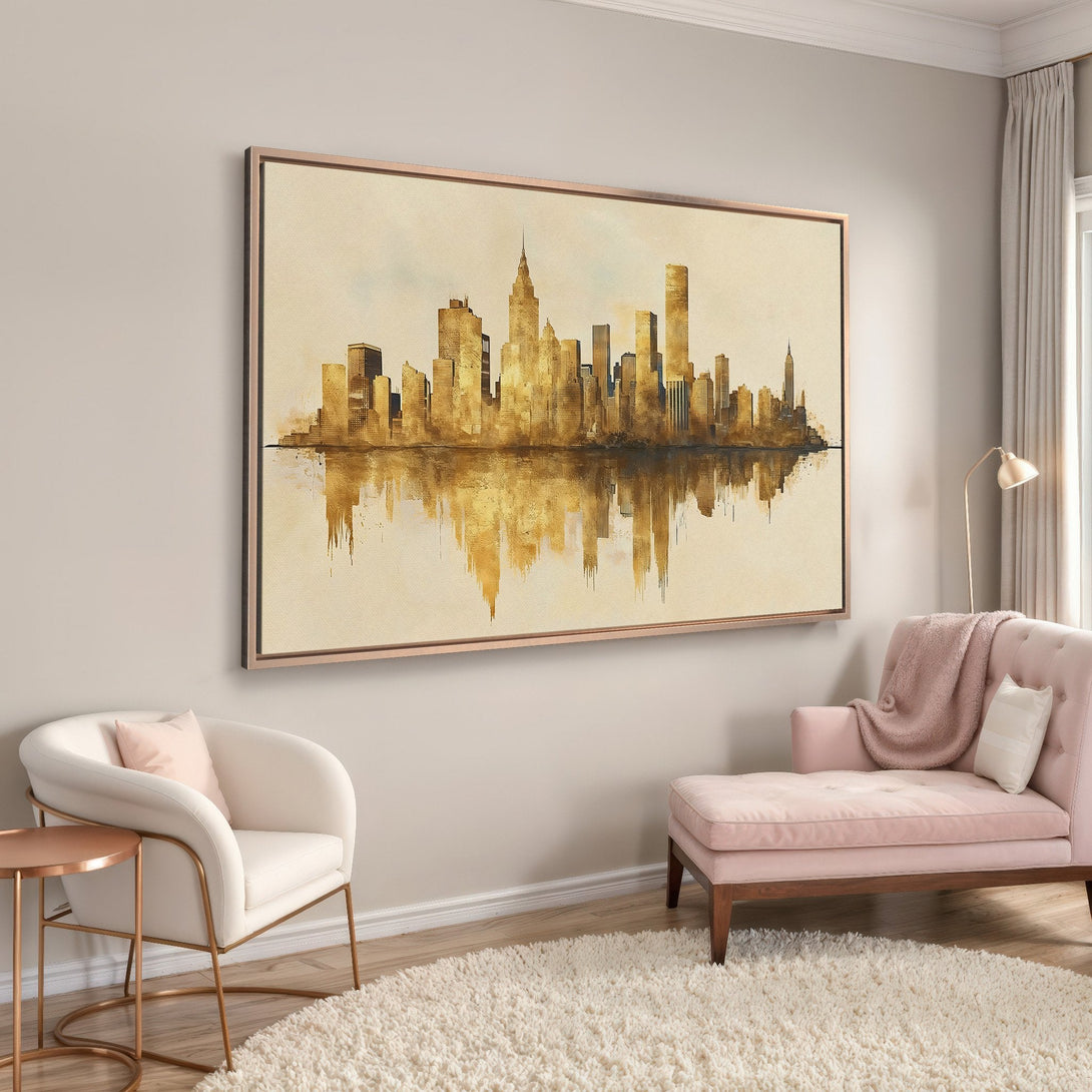 Framed Wall Art: Watercolor cityscape Canvas Print in gold and beige. Modern art for living room decor, adding a touch of elegance.