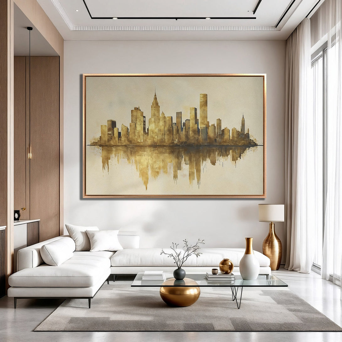 Framed Wall Art: Abstract cityscape in gold tones. Modern art canvas print adds elegance to any interior. Neutral color palette.