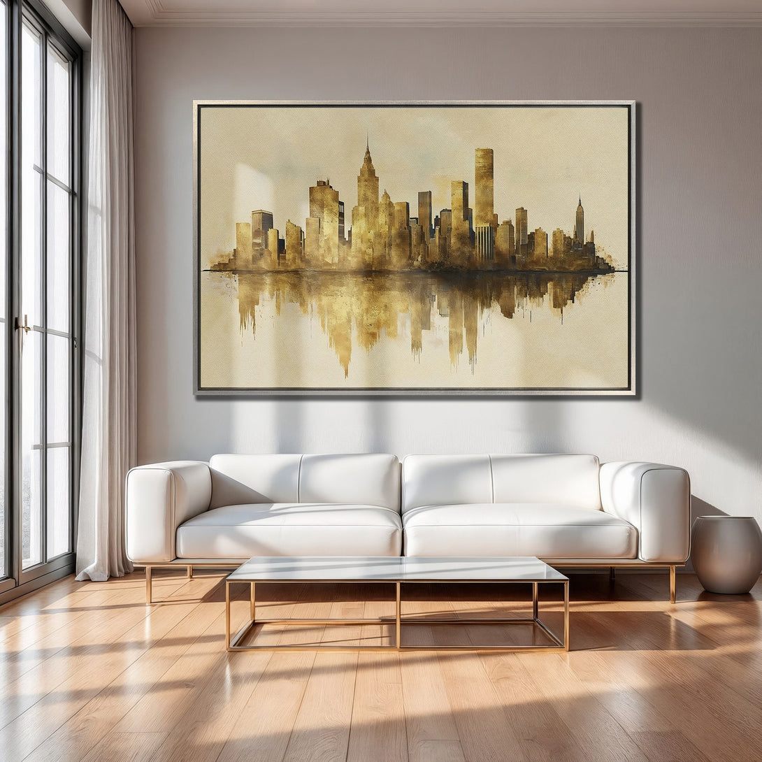 Framed Wall Art of a golden NYC skyline, displayed in a modern interior. Warm, neutral color palette. Perfect for adding a touch of sophistication.