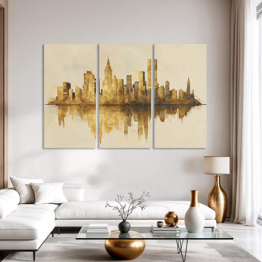 Canvas Print of a golden watercolor cityscape, perfect for modern decor. Neutral color palette adds a touch of elegance to any room.