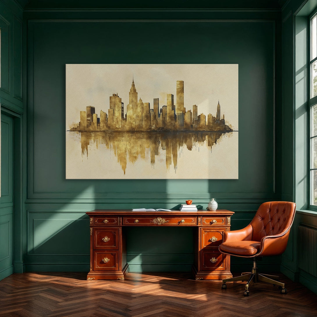 Framed Wall Art: Golden skyline Canvas Print. Modern watercolor style with warm gold and beige tones. Perfect for living room or dining area.