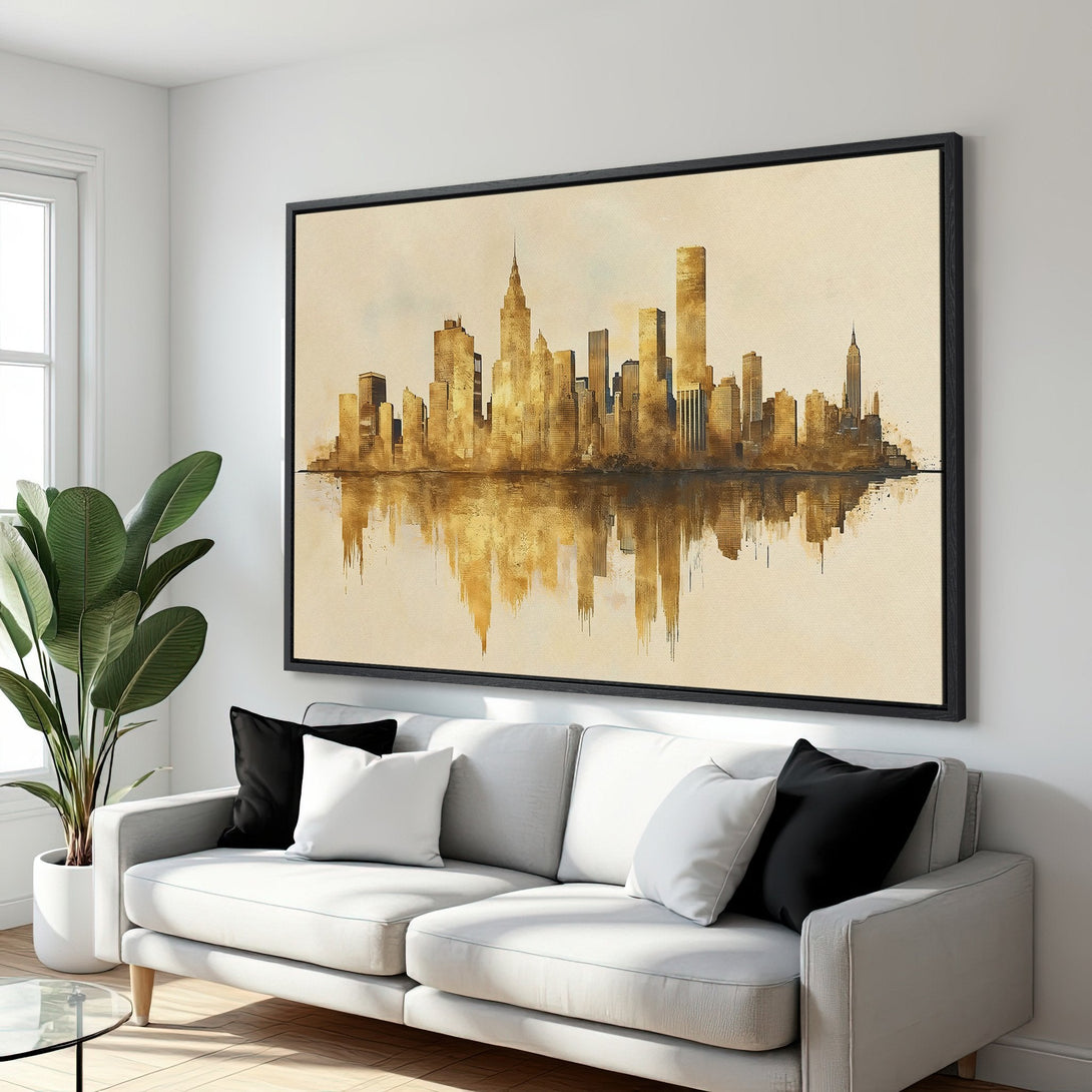 Framed Wall Art: Gold-toned watercolor cityscape Canvas Print. Modern decor with neutral palette & urban art style. Perfect for living rooms.
