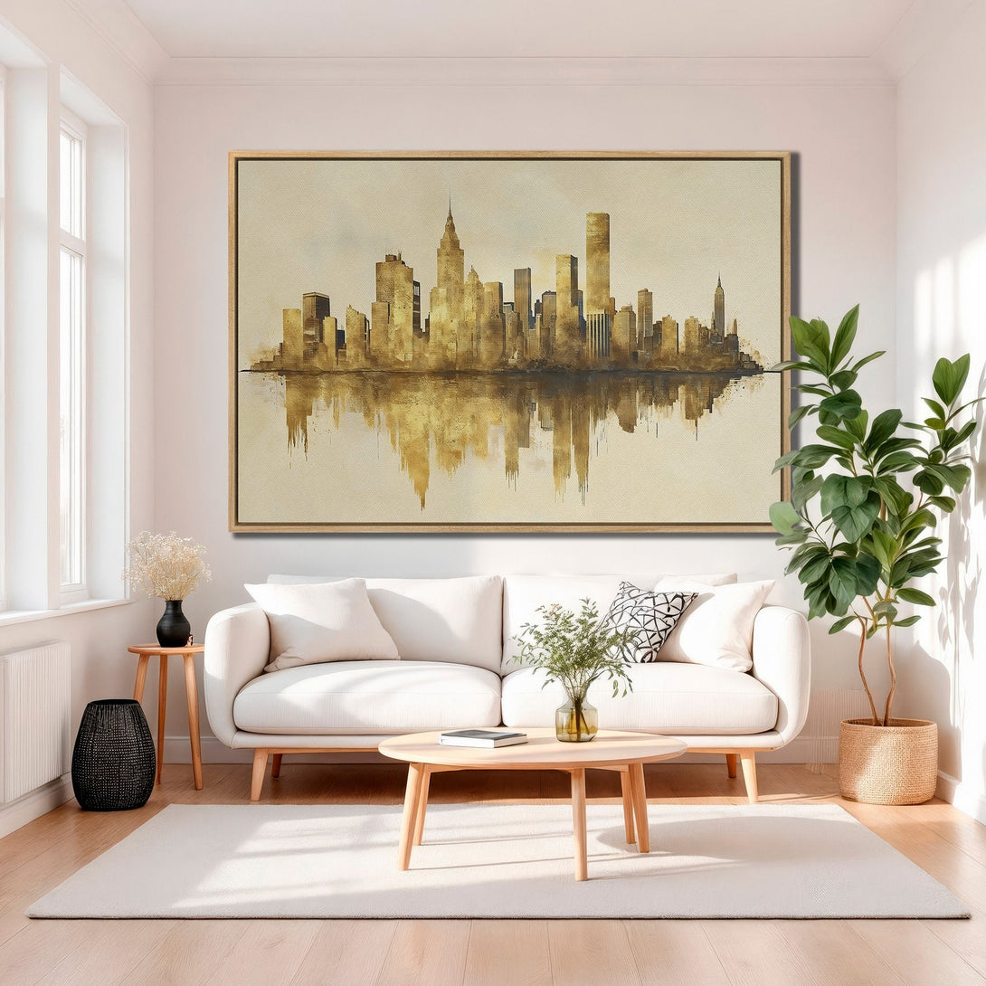 Framed Wall Art: Stunning gold cityscape Canvas Print in a modern living room. Warm, neutral color palette with a touch of elegance. Perfect for any home decor.