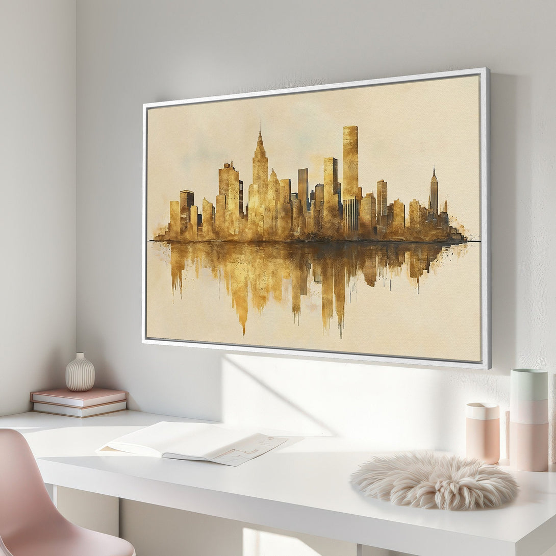 Framed Wall Art: Watercolor cityscape Canvas Print in warm gold tones, perfect for modern home decor. Enhance your space with this stunning artwork!