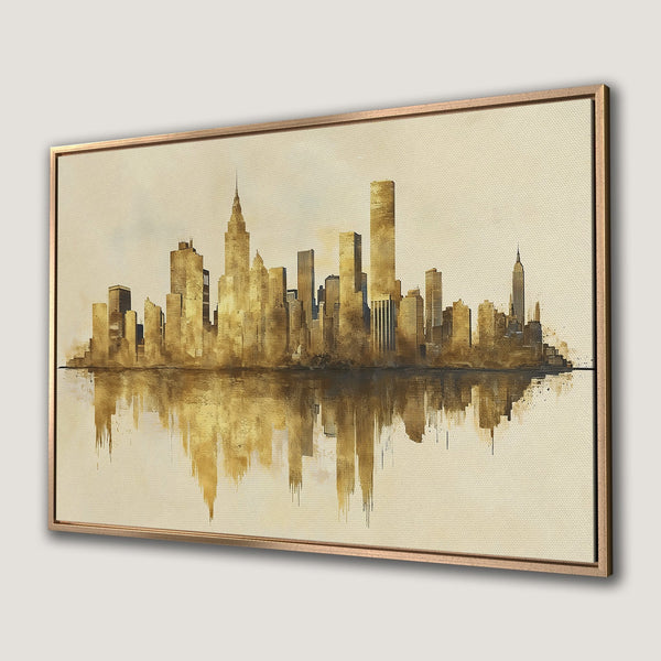 Framed Wall Art of NYC skyline in gold tones. Modern watercolor style Canvas Print adds elegance to any space. Shop now!