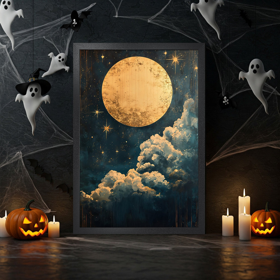 Framed Poster featuring a golden moon & starry night sky, perfect for Halloween decor. Dark blue & gold color palette.
