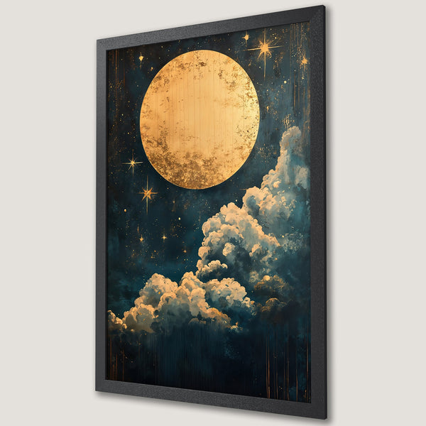 Framed Poster of a dreamy night sky with moon & clouds. Artistic style, dark blue & gold color palette. Add celestial vibes to your space!