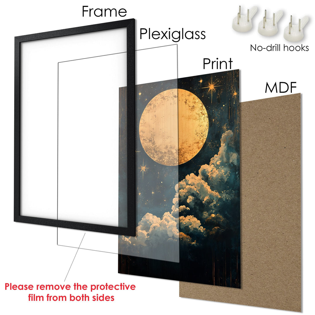 Framed Poster featuring an abstract celestial scene with a moon and stars, in a dark blue and gold color palette. Perfect wall art!