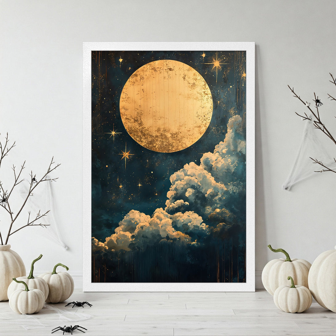 Framed Poster featuring a golden moon and starry night sky. Artistic style with a dark blue and gold color palette. Perfect Halloween decor!